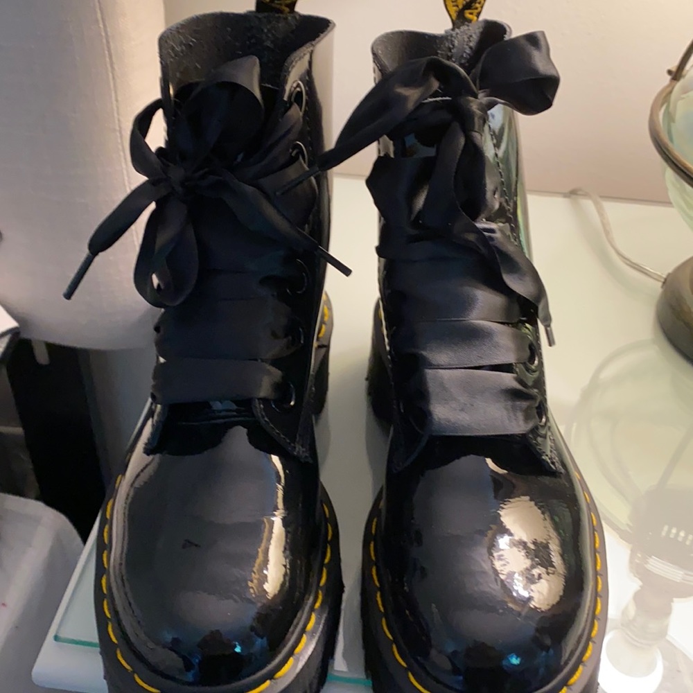 Black patent leather chunky women’s boots